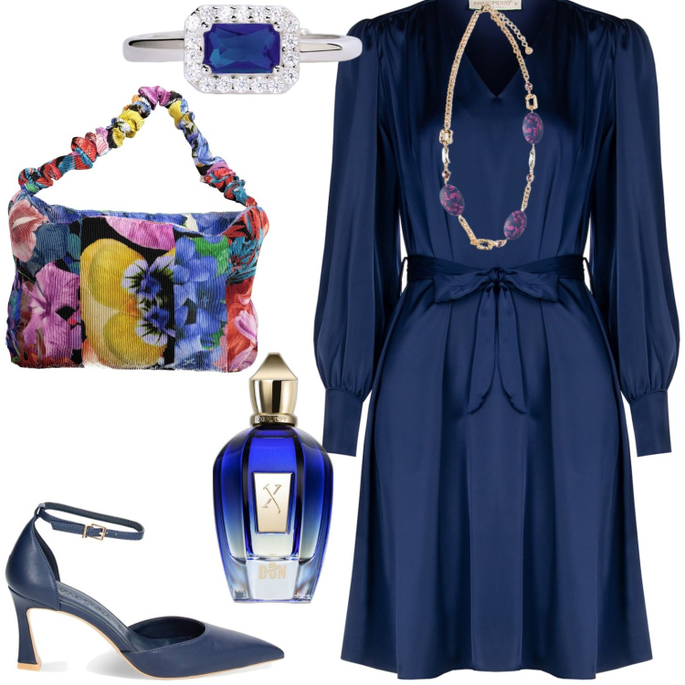 Outfit donna - Chic. Stile Chic per Serata fuori. Abbinamento con vestiti midi/longuette, profumi, anelli, décolleté, ciondoli, borse a spalla.