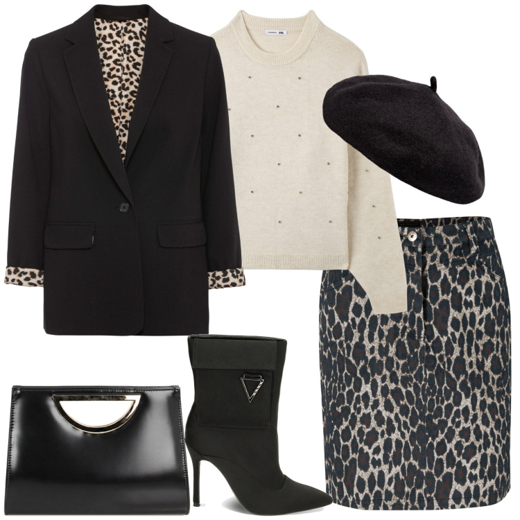 Outfit donna - Animalier. Stile Casual per Tutti i giorni. Abbinamento con blazer, gonne, maglieria, stivaletti, pochette, cappelli e berretti.