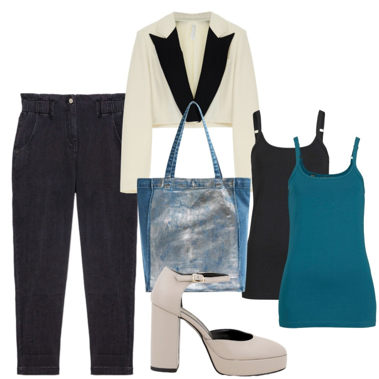 Outfit donna - Le zeppe avorio. Stile Casual chic per Tutti i giorni. Abbinamento con top, shopping bag, blazer, décolleté, jeans.
