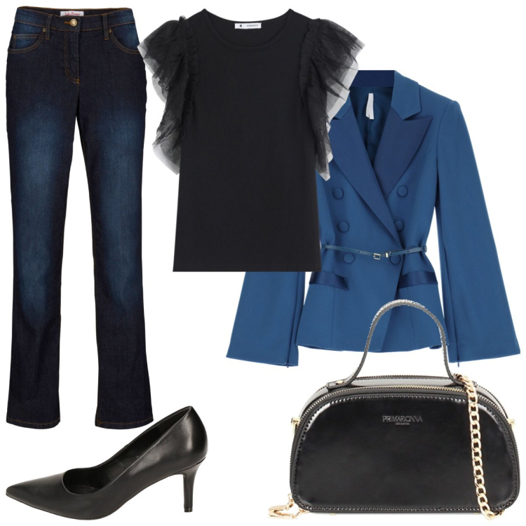 Outfit donna - Cena fuori. Stile Glamour per Serata fuori. Abbinamento con jeans dritti, t-shirt, blazer, décolleté, borse a mano.