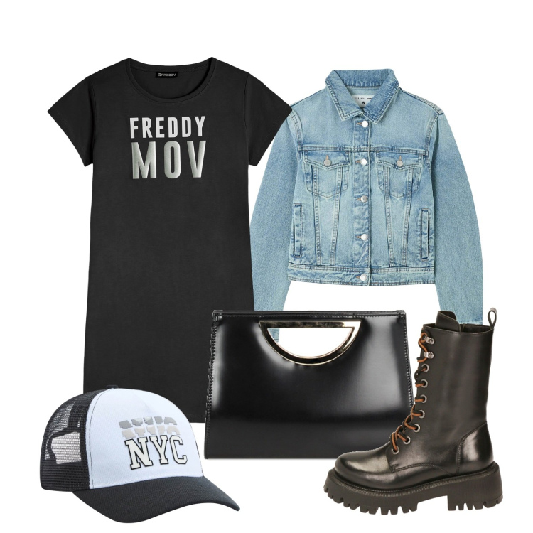 Outfit donna - Ghost outfitter - marzo. Stile Sporty chic per Tutti i giorni. Abbinamento con cappelli, blazer, vestiti corti, anfibi, pochette.