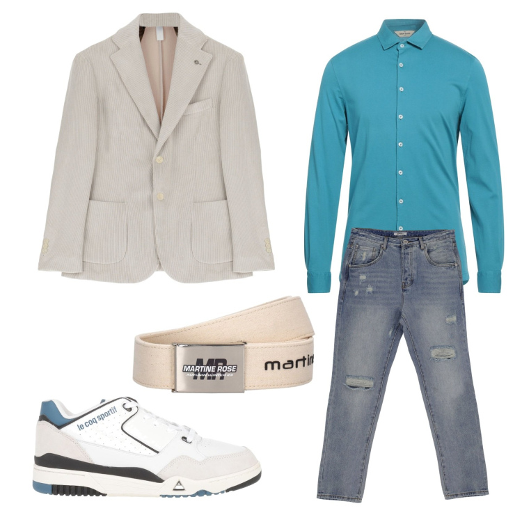 Outfit uomo - Il blazer beige. Stile Casual per Ufficio. Abbinamento con giacche, jeans dritti, camicie, sneakers, cinture.