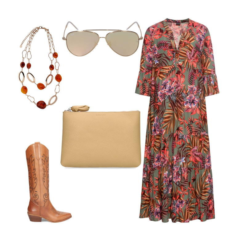 Outfit donna - Giornata spensierata di primavera. Stile Boho per Tutti i giorni. Abbinamento con vestiti lunghi, stivali, ciondoli, occhiali da sole, pochette.