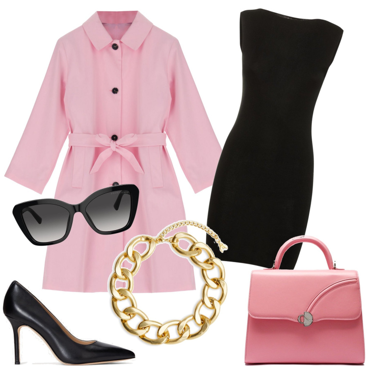 Outfit donna - Rosa e nero elegante e ordinato. Stile Bon Ton per Tutti i giorni. Abbinamento con collane, trench, occhiali da sole, décolleté, vestiti, borse a mano.