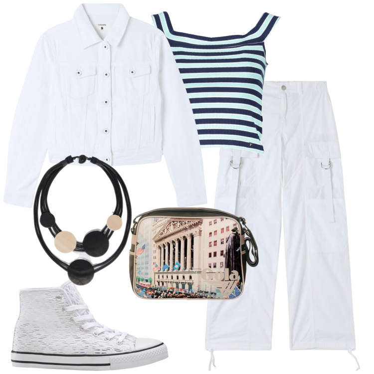 Outfit donna - Cargo bianchi. Stile Urban per Tutti i giorni. Abbinamento con sneakers, pantaloni cargo, blazer, canottiere, collane, borse a spalla.
