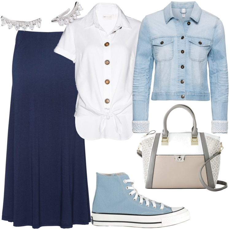 Outfit donna - Giacca in denim con pizzo. Stile Basic per Tutti i giorni. Abbinamento con blazer, gonne lunghe, camicie, borse a mano, sneakers alte, orecchini.