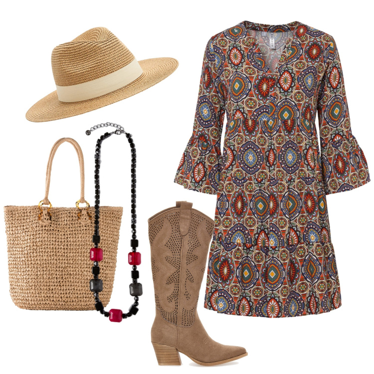 Outfit donna - Accessori color sabbia. Stile Boho per Tutti i giorni. Abbinamento con vestiti corti, shopping bag, cappelli, stivaletti, collane.
