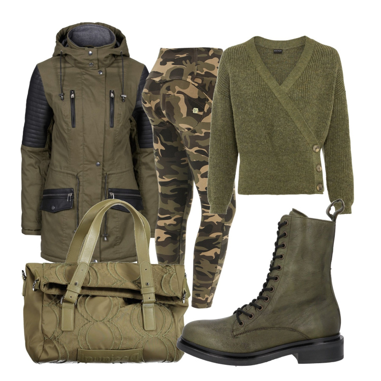 Outfit donna - Total look #1831111. Stile Military per Tutti i giorni. look ideale per Tall. Abbinamento con maglieria, parka, stivaletti, pantaloni skinny, borse a spalla.