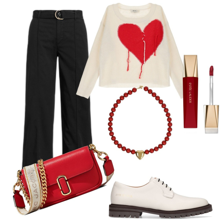 Outfit donna - Set di Cuori. Stile Casual chic per Ufficio. Abbinamento con rossetti, pullovers, pantaloni, scarpe stringate, collane, borse a spalla.