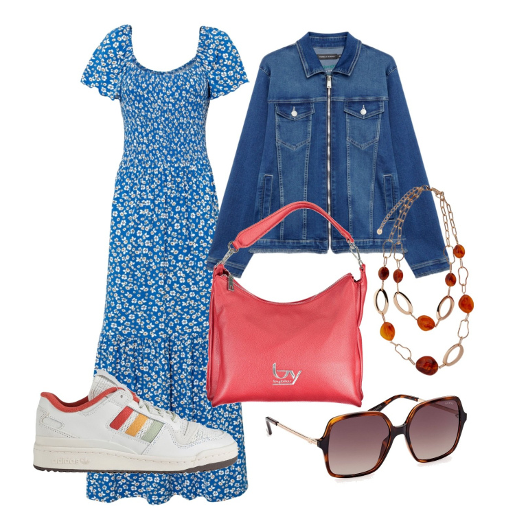 Outfit donna - Ghost outfitter - marzo. Stile Trendy per Tutti i giorni. Abbinamento con vestiti lunghi, sneakers, blazer, borse a spalla, occhiali da sole, ciondoli.