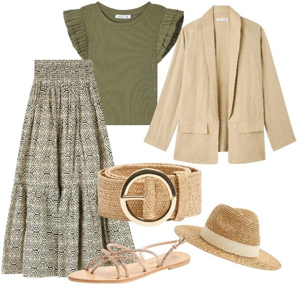 Outfit donna - Lo stile Bohemien per una sera d\'estate. Stile Etnico per Mare. Abbinamento con t-shirt, cappelli, blazer, cinture, sandali, gonne lunghe.