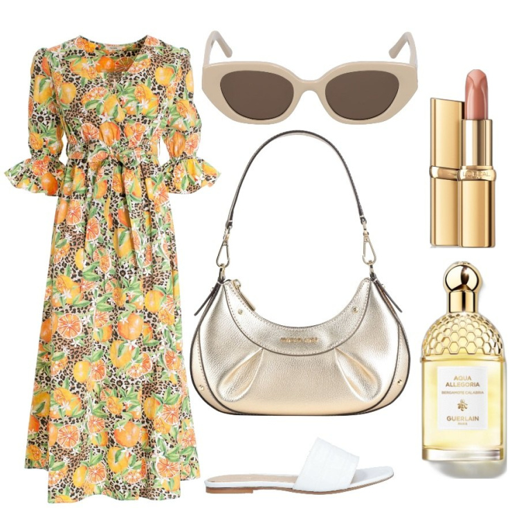 Outfit donna - Summer juice. Stile Casual chic per Tutti i giorni. Abbinamento con borse a mano, sandali in pelle, profumi, rossetti, vestiti lunghi, occhiali da sole.