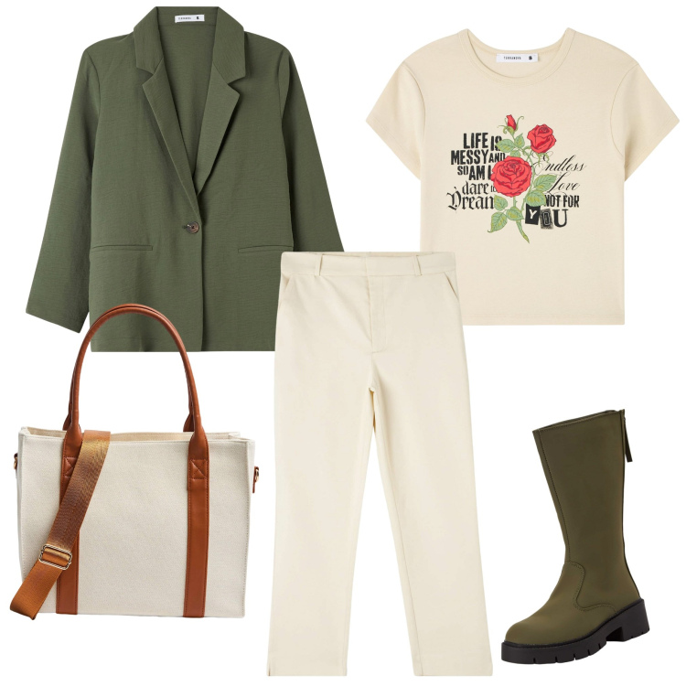 Outfit donna - Semplicità. Stile Casual chic per Tutti i giorni. Abbinamento con pantaloni chino, stivaletti, t-shirt, blazer, shopping bag.