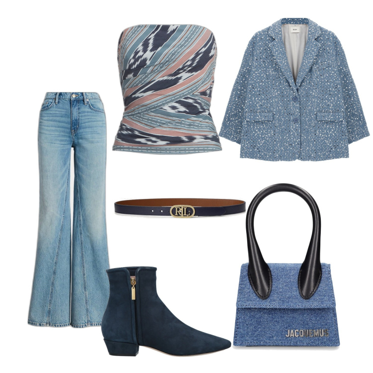 Outfit donna - Blue free time. Stile Casual chic per Tutti i giorni. Abbinamento con stivaletti, blazer, cinture, top, jeans, borse a mano.