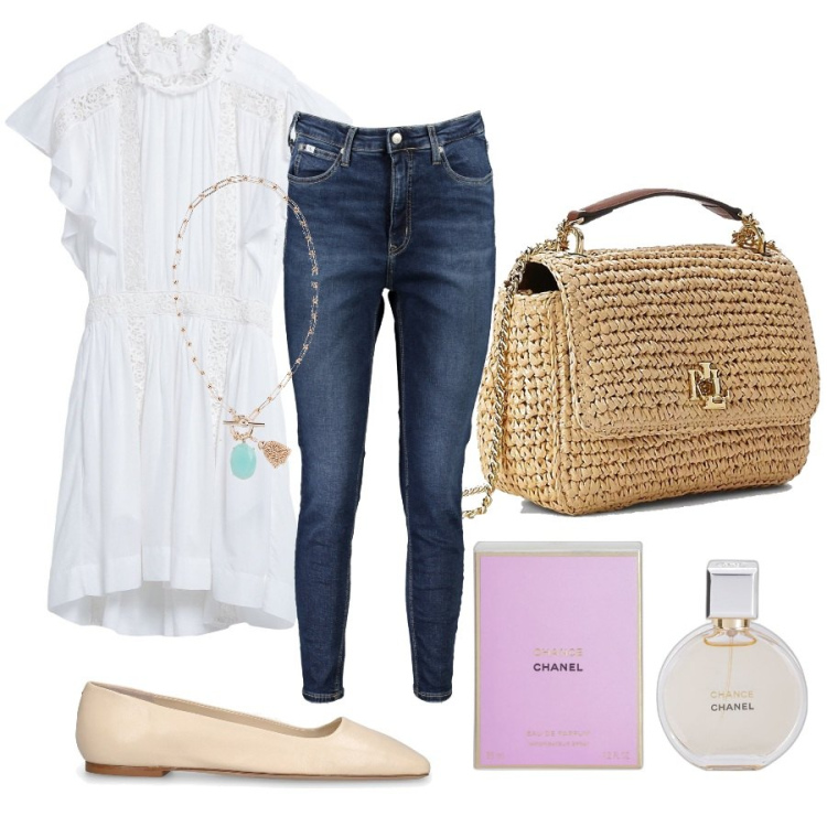 Outfit donna - White dress+jeans. Stile Casual chic per Tutti i giorni. Abbinamento con vestiti corti, profumi, collane, borse a spalla, ballerine, jeans skinny.