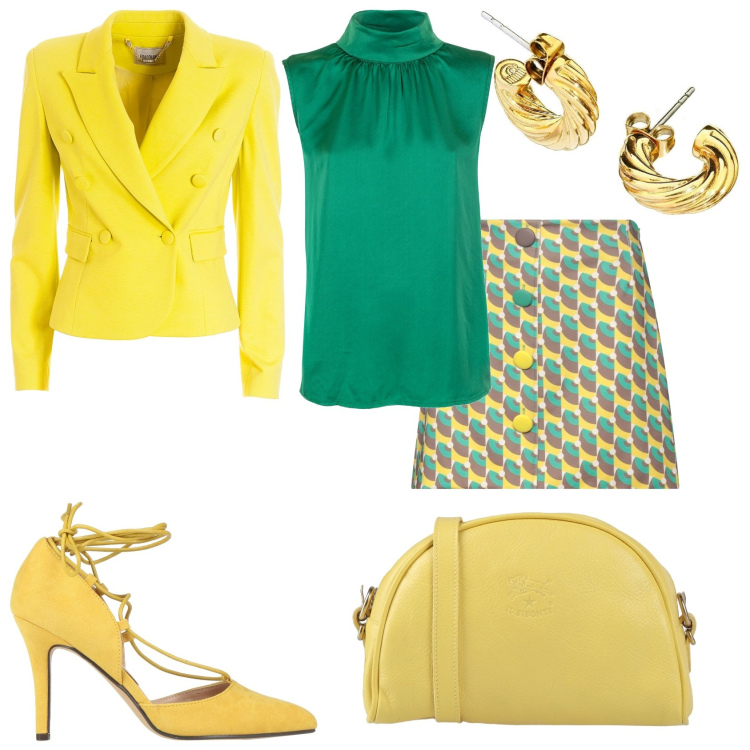 Outfit donna - Minigonna fantasia e colori. Stile Trendy per Tutti i giorni. Abbinamento con minigonne, décolleté, borse a tracolla, orecchini, blazer, top.