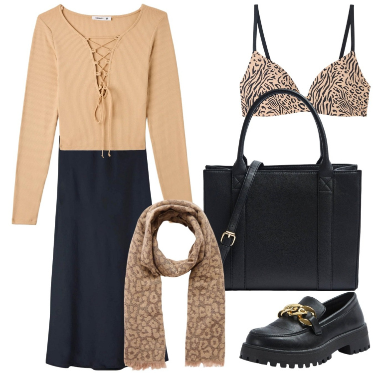 Outfit donna - Terranova. Stile Trendy per Tutti i giorni. Abbinamento con reggiseni, t-shirt, mocassini, sciarpe, shopping bag, gonne lunghe.