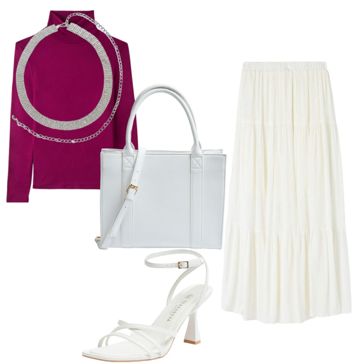 Outfit donna - Terranova 2. Stile Bon Ton per Tutti i giorni. Abbinamento con cinture, t-shirt, gonne lunghe, shopping bag, sandali col tacco.