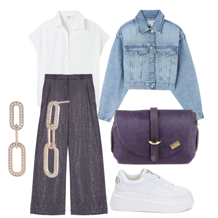 Outfit donna - Ghost outfitter - marzo. Stile Casual chic per Tutti i giorni. Abbinamento con borse a mano, camicie, blazer, orecchini, pantaloni a palazzo, sneakers.