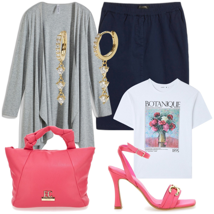 Outfit donna - Maxi Tote bag per la primavera. Stile Casual chic per Tutti i giorni. Abbinamento con cardigans, gonne, t-shirt, orecchini, borse a mano, sandali.