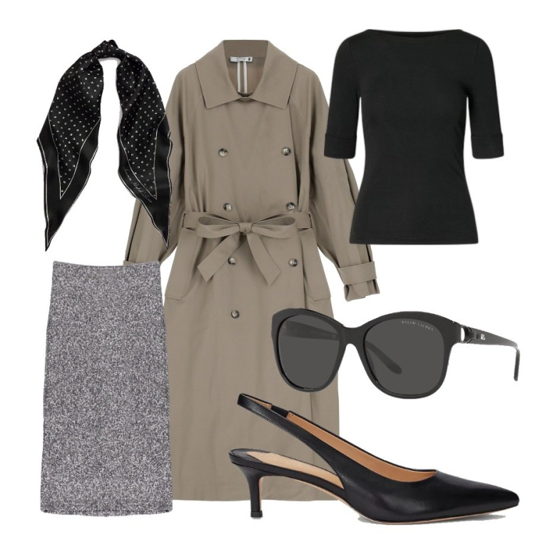 Outfit donna - Trench#2. Stile Bon Ton per Tutti i giorni. Abbinamento con gonne longuette, cappotti, occhiali da sole, t-shirt, décolleté, foulard.