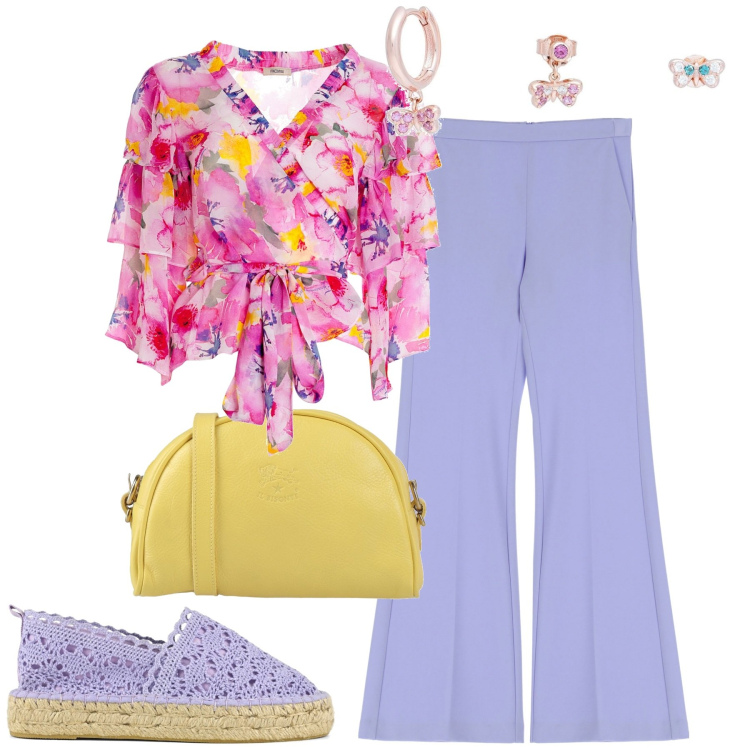 Outfit donna - City. Stile Romantica per Tutti i giorni. Abbinamento con orecchini, borse a tracolla, pantaloni, bluse, espadrillas.