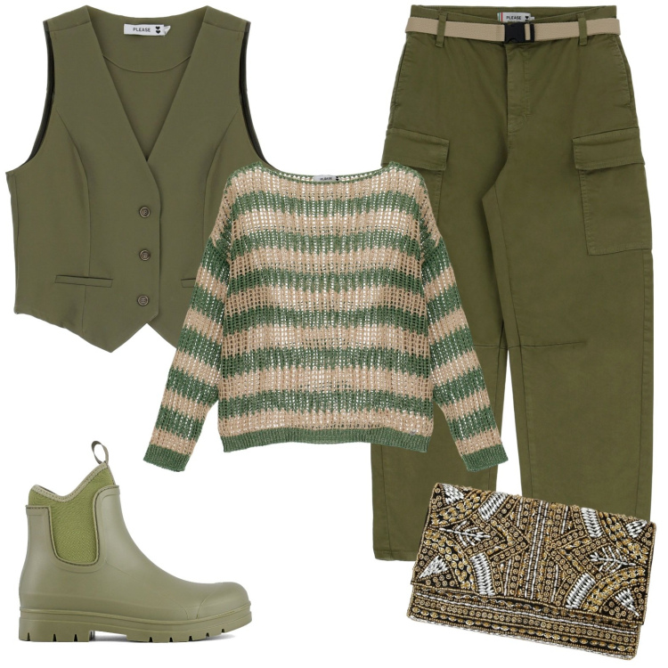 Outfit donna - Please. Stile Military per Tutti i giorni. Abbinamento con pullovers, pantaloni cargo, gilet, pochette, stivali.