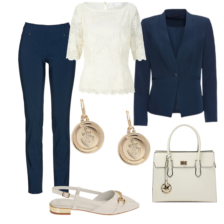 Outfit donna - Tesi di laurea. Stile Bon Ton per Scuola/Università. Abbinamento con pantaloni, blazer, bluse, ballerine, borse a mano, orecchini.