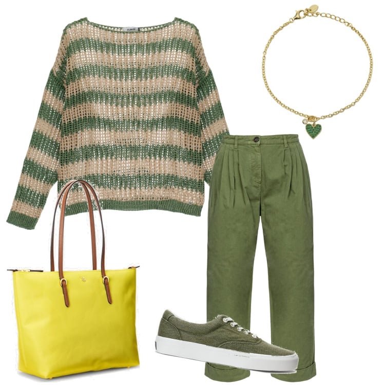 Outfit donna - Total look #1831372. Stile Casual per Tutti i giorni. Abbinamento con braccialetti con ciondoli, pantaloni, pullovers, borse tote, sneakers.