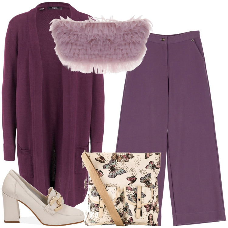 Outfit donna - Mariposa. Stile Casual chic per Serata fuori. Abbinamento con cardigans, borse a tracolla, mocassini, pantaloni a palazzo, top.