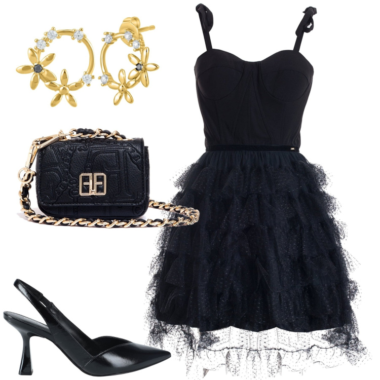 Outfit donna - Serata. Stile Glamour per Serata fuori. Abbinamento con décolleté, orecchini, vestiti corti, marsupi.