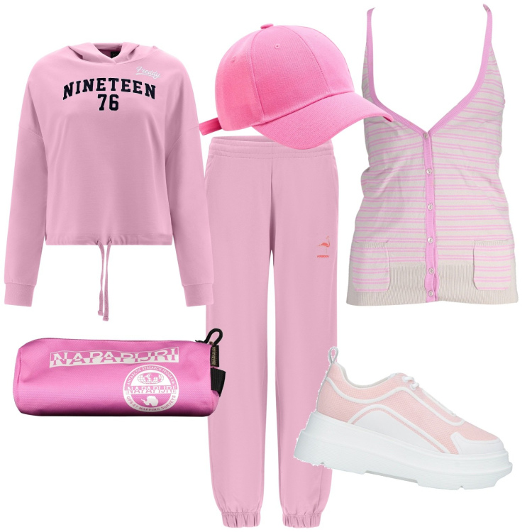 Outfit donna - Rosa sport. Stile Casual per Tutti i giorni. Abbinamento con sneakers, cappelli, pantaloni, felpe con cappuccio, valigie, gilet.