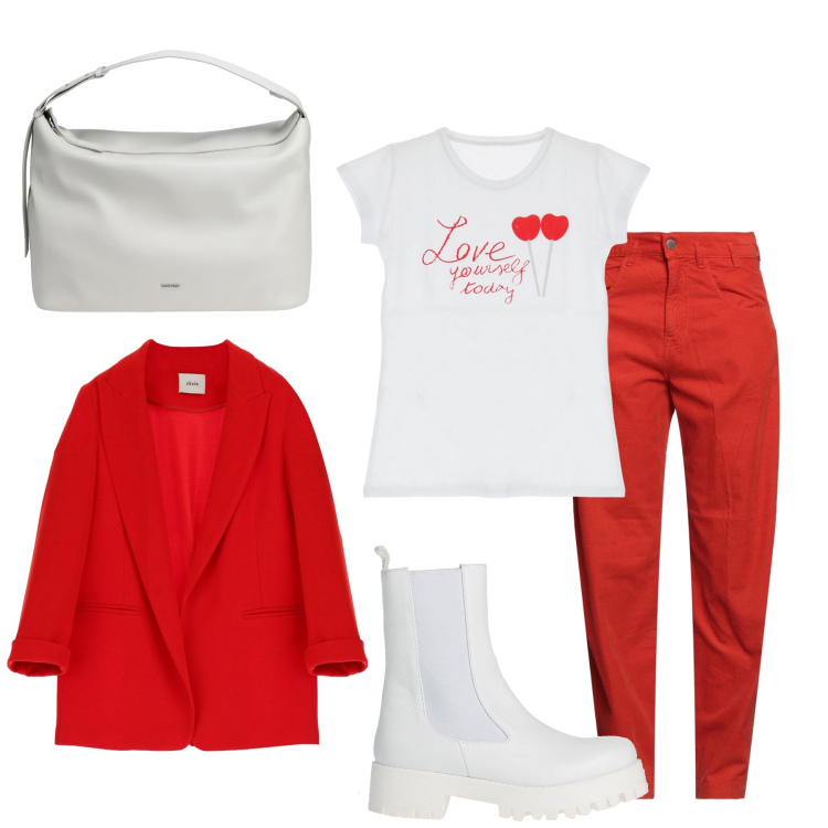 Outfit donna - Rosso in primavera. Stile Glamour per Tutti i giorni. Abbinamento con pantaloni, stivaletti, borse a spalla, blazer, t-shirt.