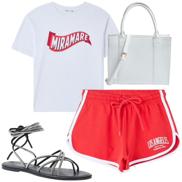 Outfit donna - Teen. Stile Casual per Tutti i giorni. Abbinamento con sandali alla schiava, t-shirt, shorts, shopping bag.