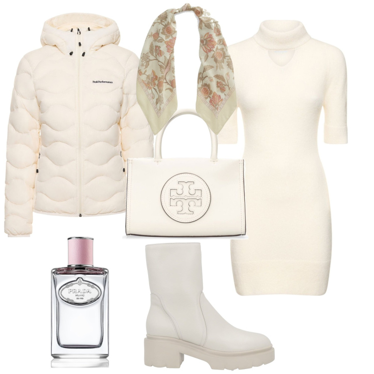 Outfit donna - Total white chic. Stile Chic per Tutti i giorni. Abbinamento con stivaletti, profumi, foulard, piumini, vestiti, borse a mano.