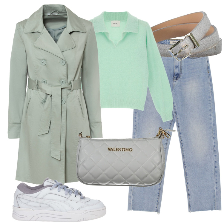 Outfit donna - Total look #1831505. Stile Urban per Tutti i giorni. Abbinamento con trench, sneakers, jeans dritti, pullovers, cinture, borse a spalla.