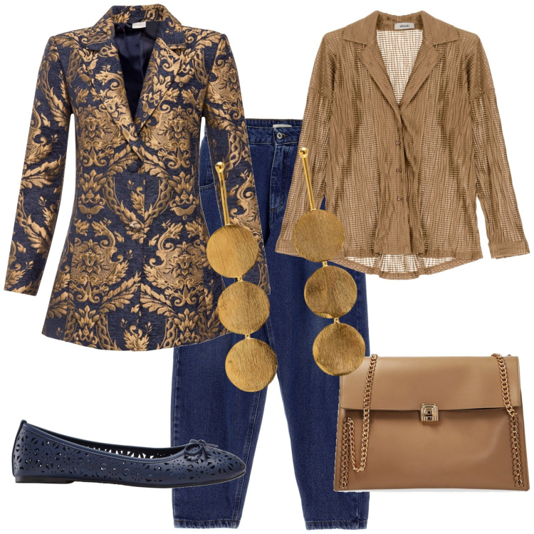 Outfit donna - Casual. Stile Casual per Tutti i giorni. Abbinamento con ballerine, cappotti, borse a spalla, jeans, camicie, orecchini.