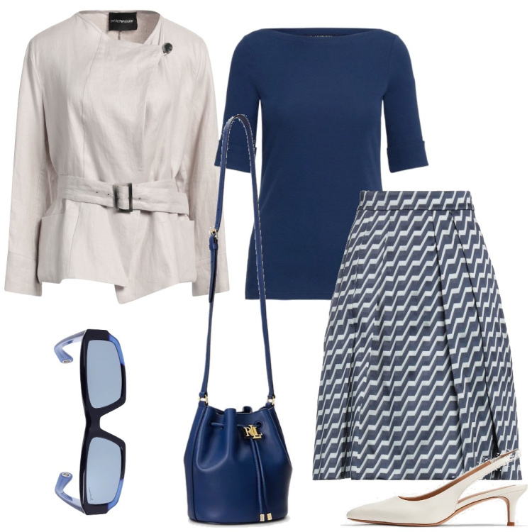 Outfit donna - In città. Stile Chic per Tutti i giorni. Abbinamento con gonne longuette, blazer, décolleté, t-shirt, borse a secchiello, occhiali da sole.