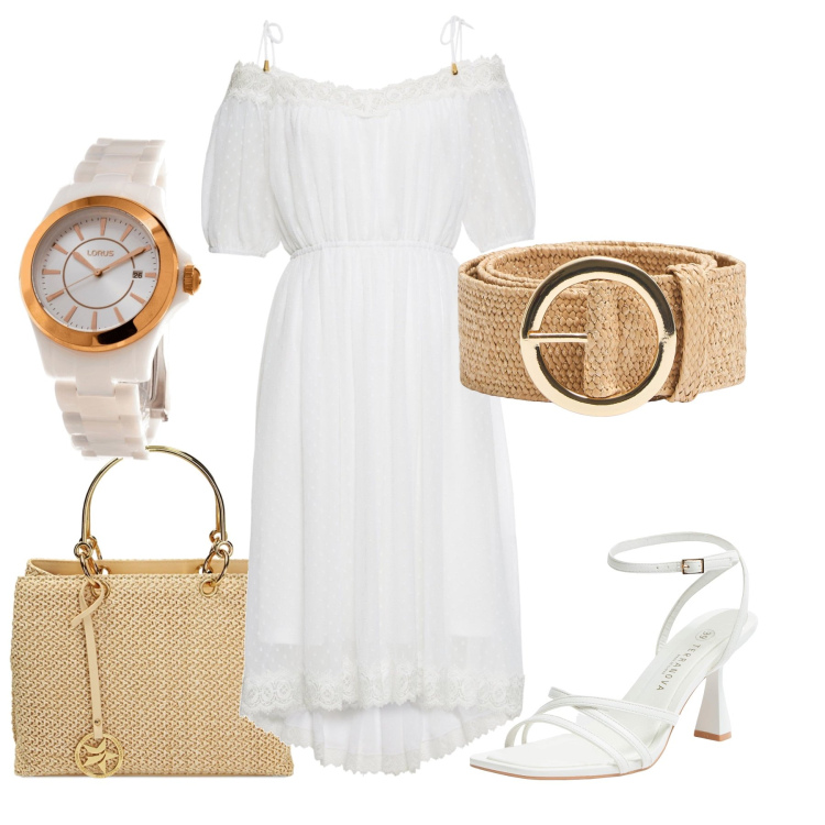 Outfit donna - Free SUMMER day. Stile Etnico per Tutti i giorni. Abbinamento con vestiti, orologi, cinture, sandali col tacco, borse a mano.