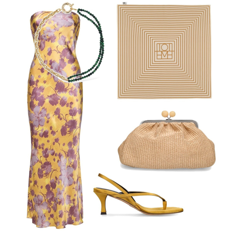 Outfit donna - Exotic. Stile Etnico per Cerimonia. Abbinamento con vestiti, collane, sandali in pelle, foulard, pochette.