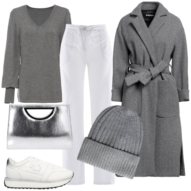 Outfit donna - Wednesday. Stile Casual per Tutti i giorni. Abbinamento con pantaloni a palazzo, maglieria, cappotti, sneakers, pochette, berretti.