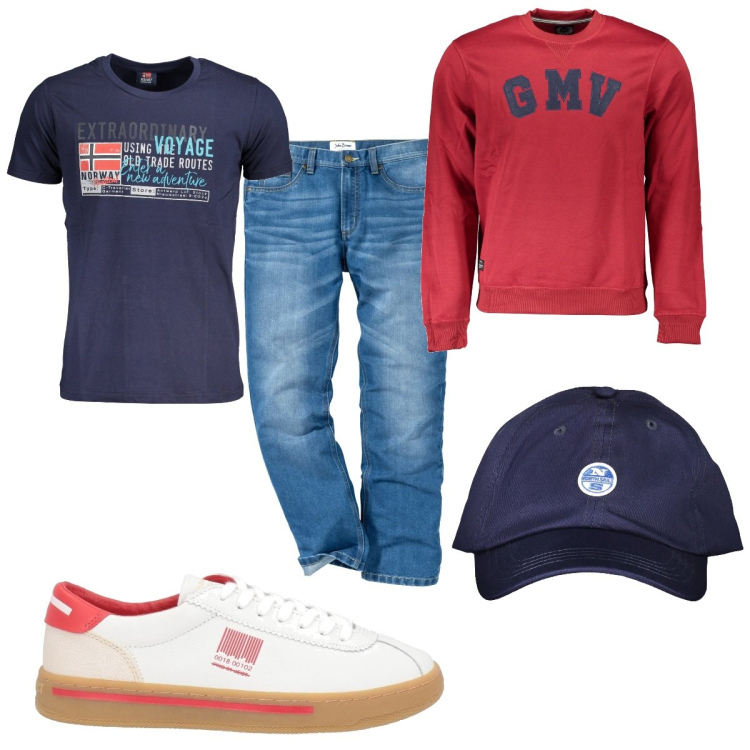 Outfit uomo - Total look #1831539. Stile Casual per Tutti i giorni. Abbinamento con jeans dritti, sneakers, cappelli con visiera, t-shirt, felpe.