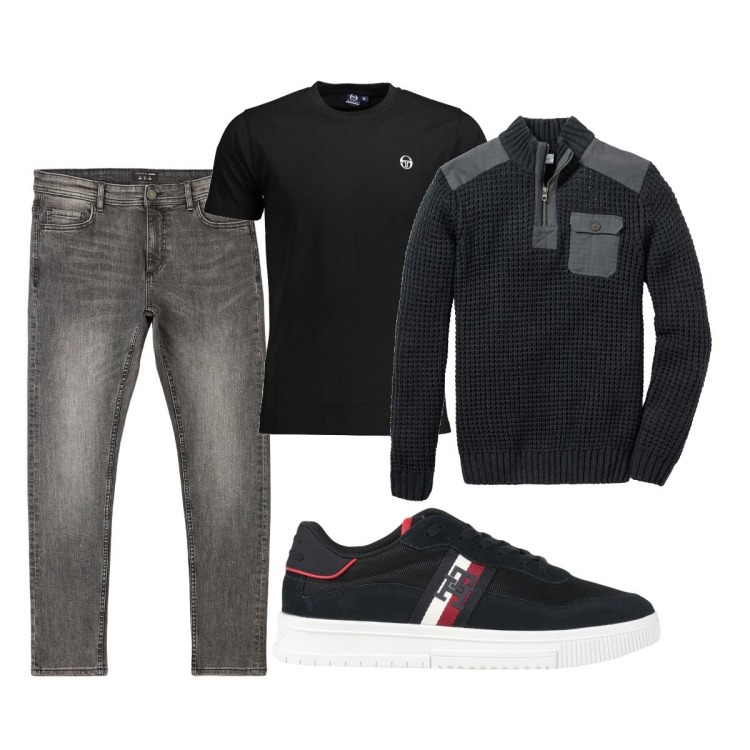 Outfit uomo - Total look #1831554. Stile Casual per Tutti i giorni. Abbinamento con maglieria, sneakers, jeans skinny, t-shirt.