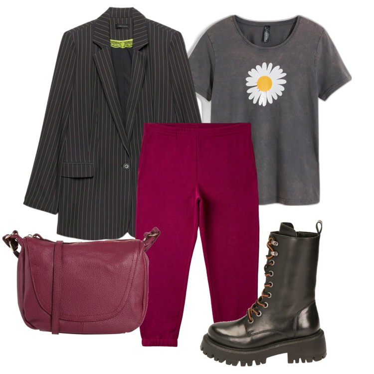 Outfit donna - Ghost outfitter - marzo. Stile Casual chic per Tutti i giorni. Abbinamento con t-shirt, borse a tracolla, pantaloni, anfibi, blazer.