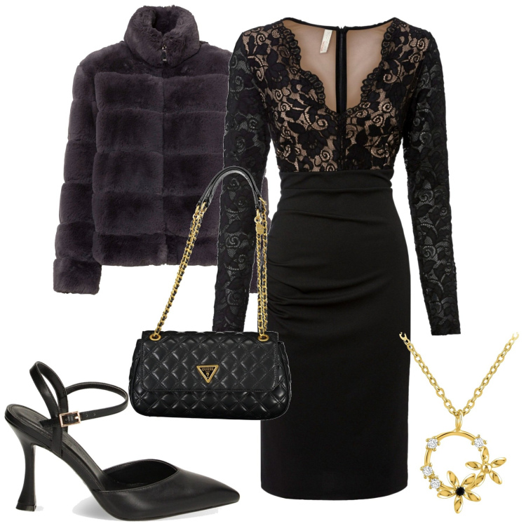 Outfit donna - Serata. Stile Chic per Serata fuori. Abbinamento con vestiti, ecopellicce, ciondoli, décolleté, borse a spalla.