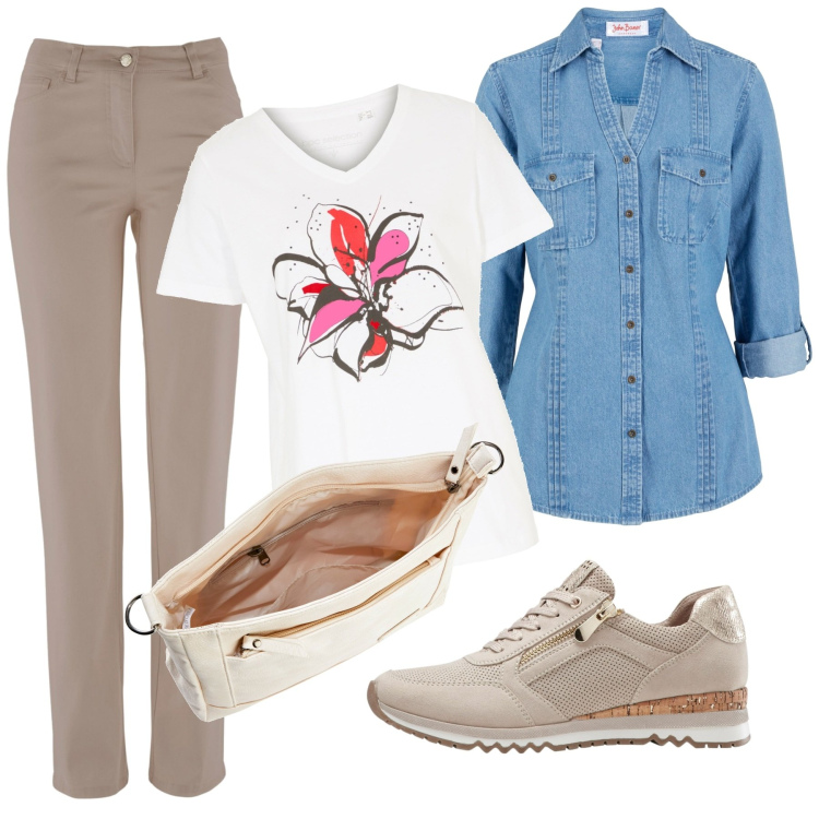 Outfit donna - Bonprix - Marzo. Stile Basic per Tutti i giorni. Abbinamento con sneakers, pantaloni, t-shirt, camicie, borse a tracolla.