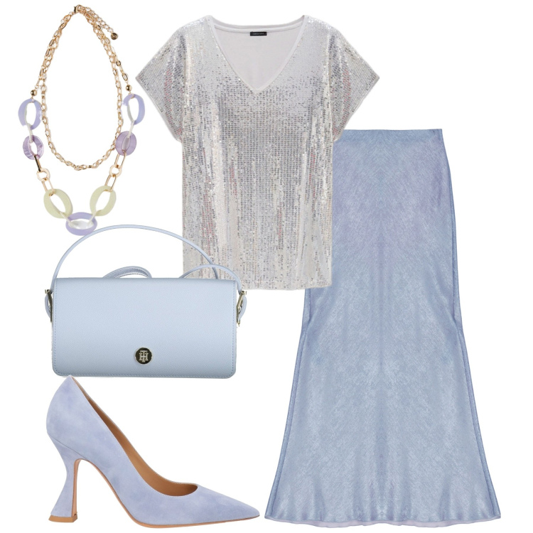 Outfit donna - Serata. Stile Trendy per Serata fuori. Abbinamento con décolleté, gonne lunghe, t-shirt, ciondoli, borse a spalla.