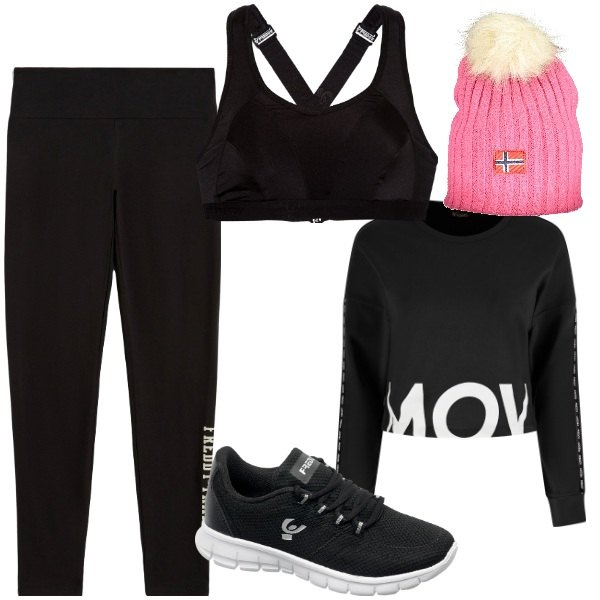 Outfit donna - Camminando la mattina. Stile Sporty chic per Sport. Abbinamento con reggiseni, leggings sportivo, felpe sportive, sneakers, berretti.