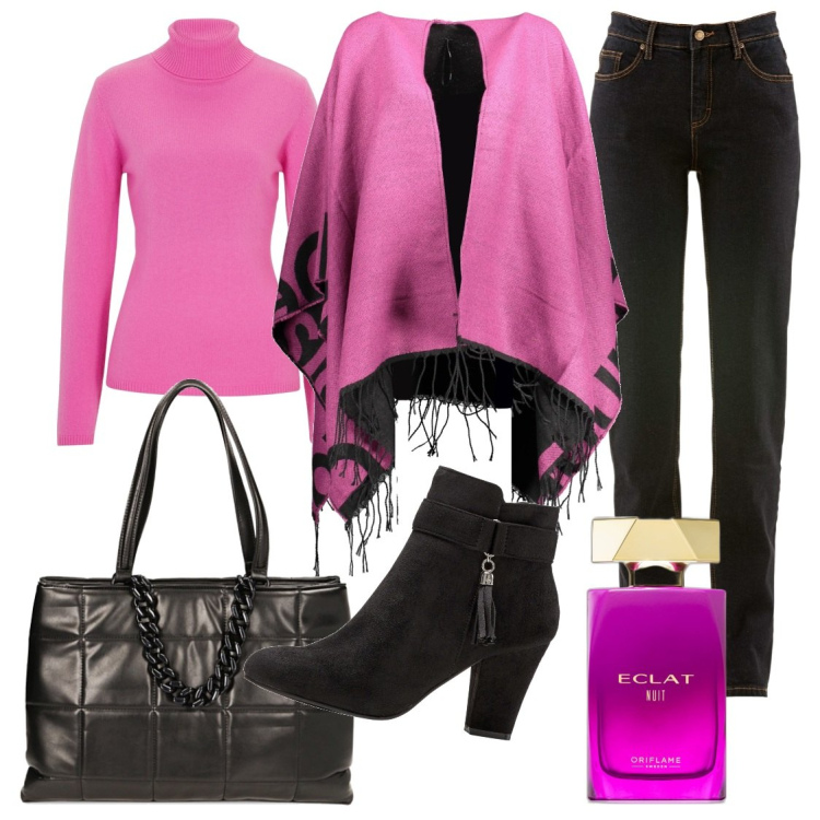 Outfit donna - Una mantella colorata. Stile Casual chic per Ufficio. Abbinamento con maglieria, jeans mom, stivaletti, profumi, borse a spalla, cappotti.