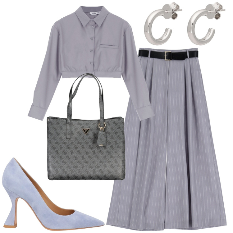 Outfit donna - City. Stile Casual chic per Tutti i giorni. Abbinamento con décolleté, orecchini, camicie, pantaloni a palazzo, borse a spalla.